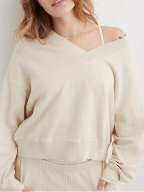 Aerie House Party Sweatshirt V-Neck Oversized Size Small Color Toasted Coconut